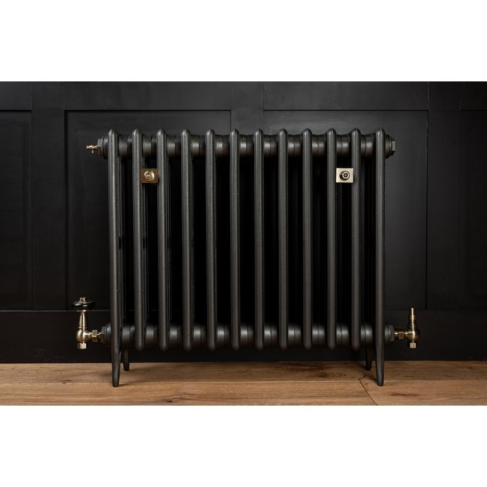 Traditional Victorian 4 Column 660mm Cast Iron Radiator 12 Sections MB w/ Antique Brass Accessories (CDC-660-12-MBAB-BUND)