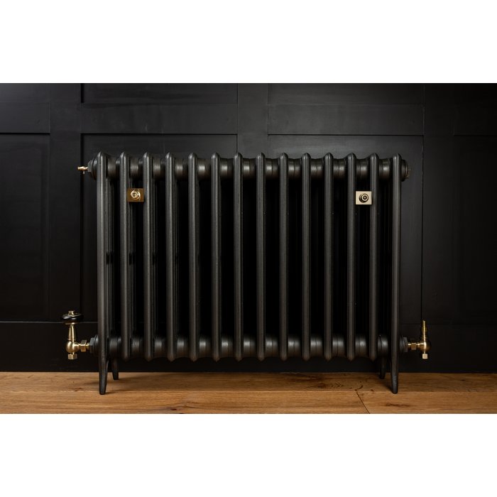 Traditional Victorian 4 Column 660mm Cast Iron Radiator 14 Sections MB w/ Antique Brass Accessories (CDC-660-14-MBAB-BUND)