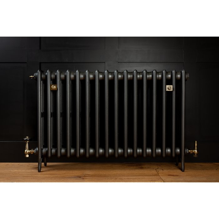 Traditional Victorian 4 Column 660mm Cast Iron Radiator 16 Sections MB w/ Antique Brass Accessories (CDC-660-16-MBAB-BUND)