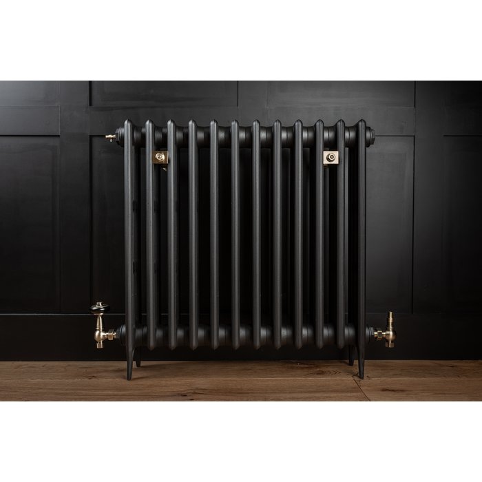 Traditional Victorian 4 Column 760mm Cast Iron Radiator 12 Sections MB w/ Antique Brass Accessories (CDC-760-12-MBAB-BUND)