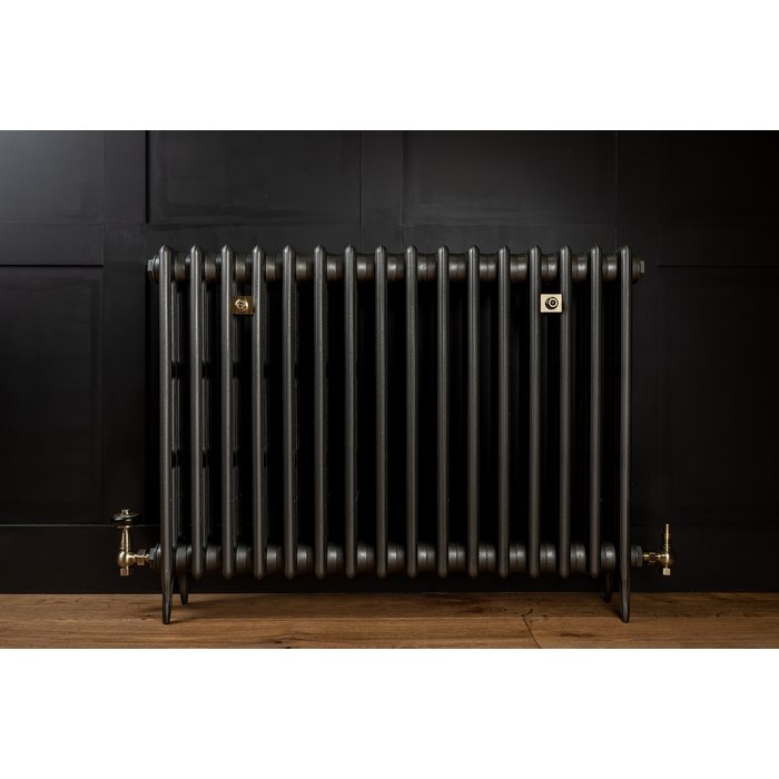 Traditional Victorian 4 Column 760mm Cast Iron Radiator 16 Sections MB w/ Antique Brass Accessories (CDC-760-16-MBAB-BUND)